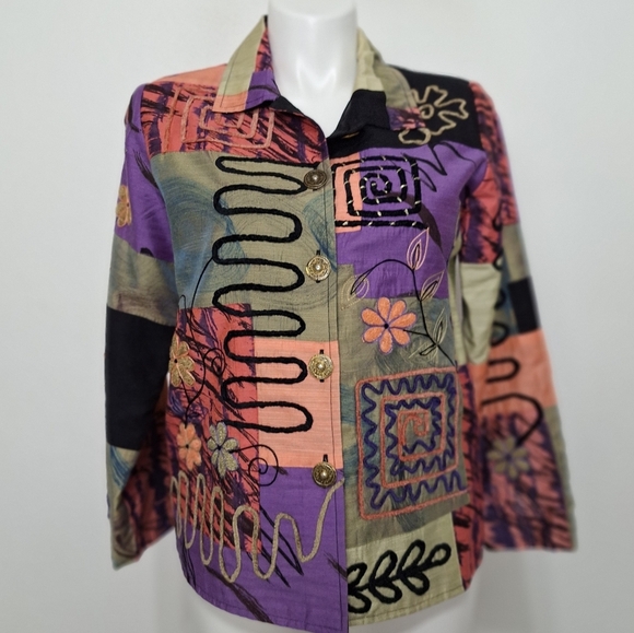 Alex Kim Multicolor Embroidered Floral Patchwork Bohemian Art to Wear Jacket- M - Picture 1 of 13